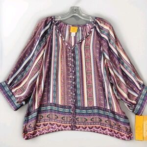 Ruby Rd Shirt Womens PL Multicolor Stripe V Neck Button 3/4 Sleeve Tunic Top NWT